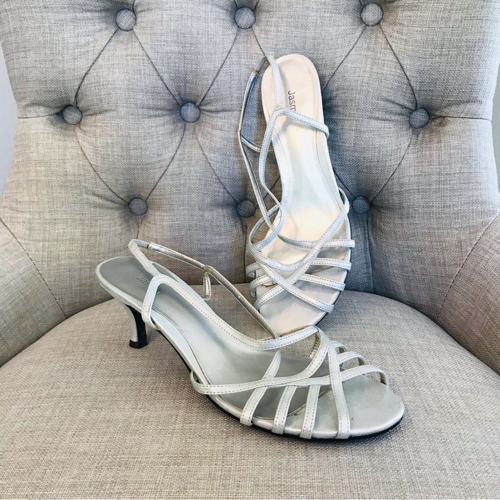 JASMIN | Strappy Silver Kitten Heel Sandals Size 9.5M
